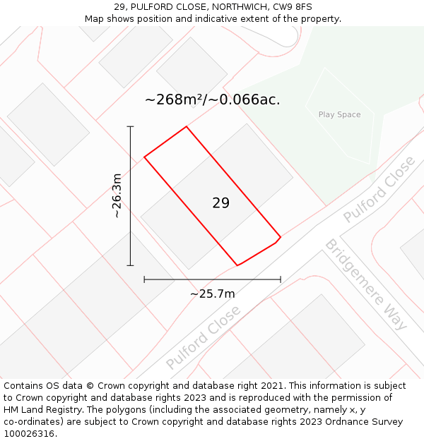 29, PULFORD CLOSE, NORTHWICH, CW9 8FS: Plot and title map