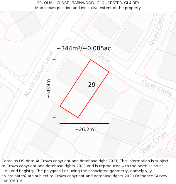 29, QUAIL CLOSE, BARNWOOD, GLOUCESTER, GL4 3EY: Plot and title map