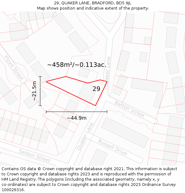 29, QUAKER LANE, BRADFORD, BD5 9JL: Plot and title map
