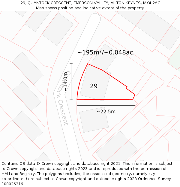 29, QUANTOCK CRESCENT, EMERSON VALLEY, MILTON KEYNES, MK4 2AG: Plot and title map
