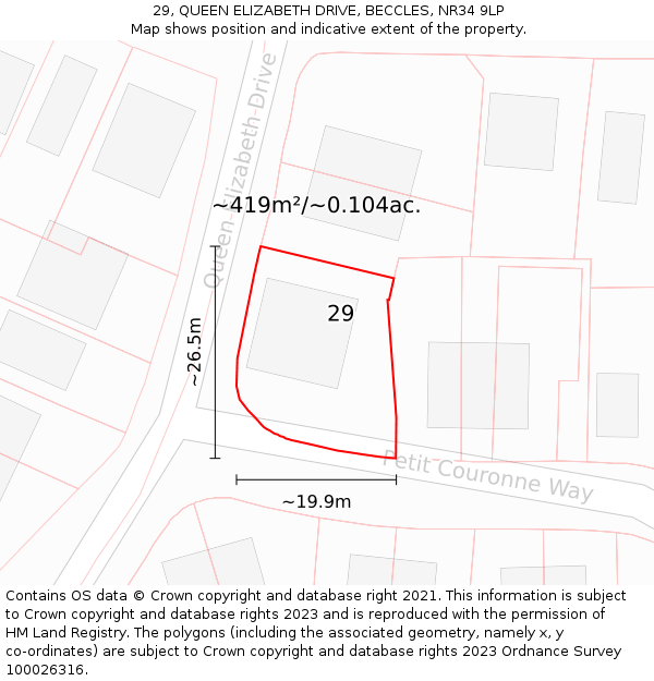 29, QUEEN ELIZABETH DRIVE, BECCLES, NR34 9LP: Plot and title map