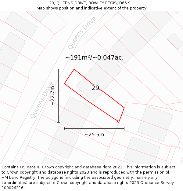 29, QUEENS DRIVE, ROWLEY REGIS, B65 9JH: Plot and title map