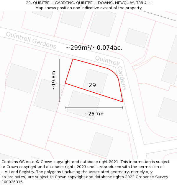29, QUINTRELL GARDENS, QUINTRELL DOWNS, NEWQUAY, TR8 4LH: Plot and title map