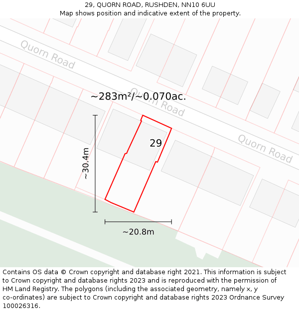 29, QUORN ROAD, RUSHDEN, NN10 6UU: Plot and title map