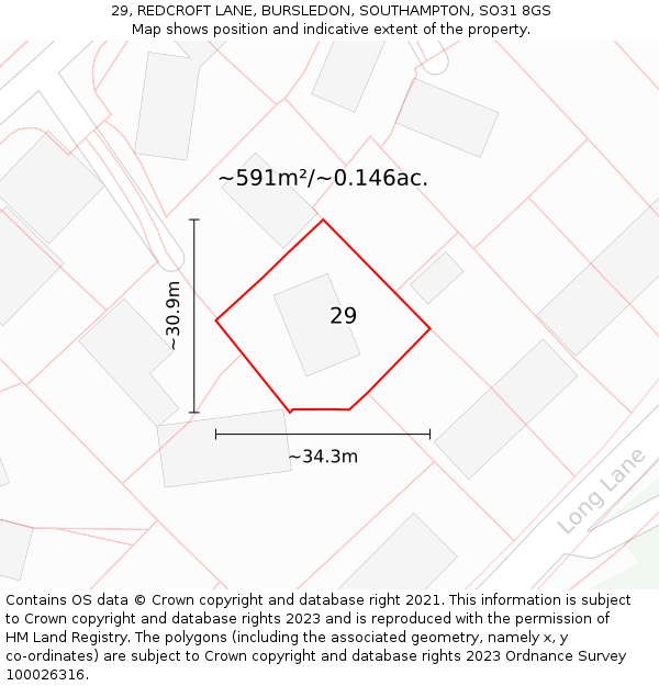 29, REDCROFT LANE, BURSLEDON, SOUTHAMPTON, SO31 8GS: Plot and title map