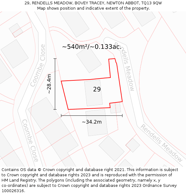 29, RENDELLS MEADOW, BOVEY TRACEY, NEWTON ABBOT, TQ13 9QW: Plot and title map
