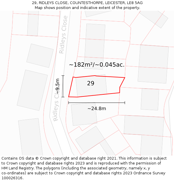 29, RIDLEYS CLOSE, COUNTESTHORPE, LEICESTER, LE8 5AG: Plot and title map
