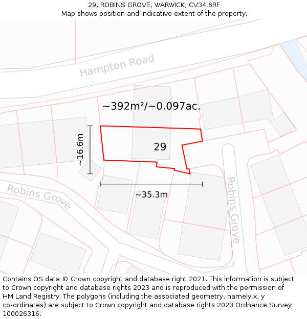 29, ROBINS GROVE, WARWICK, CV34 6RF: Plot and title map