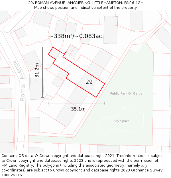 29, ROMAN AVENUE, ANGMERING, LITTLEHAMPTON, BN16 4GH: Plot and title map