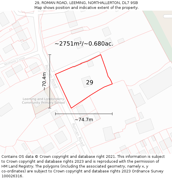 29, ROMAN ROAD, LEEMING, NORTHALLERTON, DL7 9SB: Plot and title map