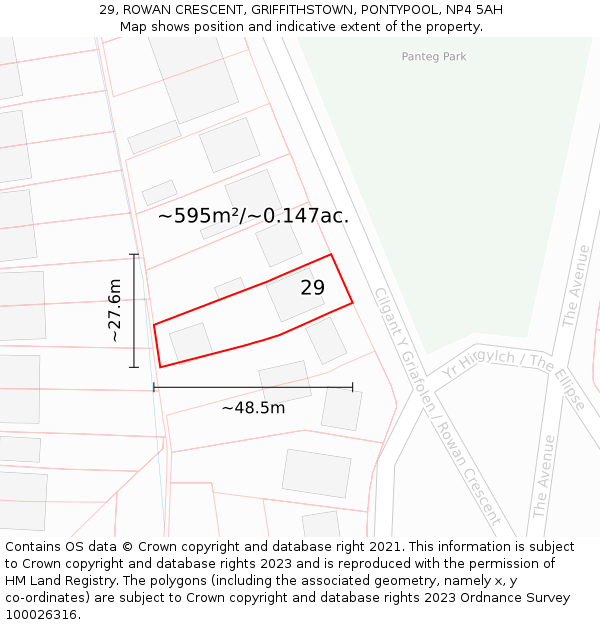 29, ROWAN CRESCENT, GRIFFITHSTOWN, PONTYPOOL, NP4 5AH: Plot and title map