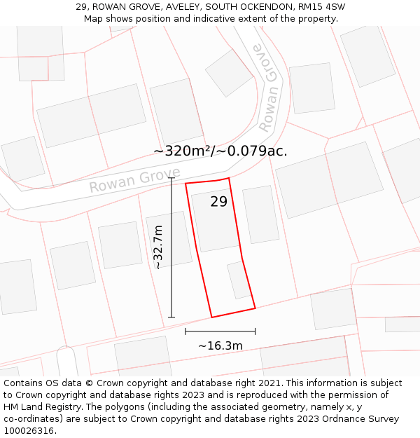 29, ROWAN GROVE, AVELEY, SOUTH OCKENDON, RM15 4SW: Plot and title map