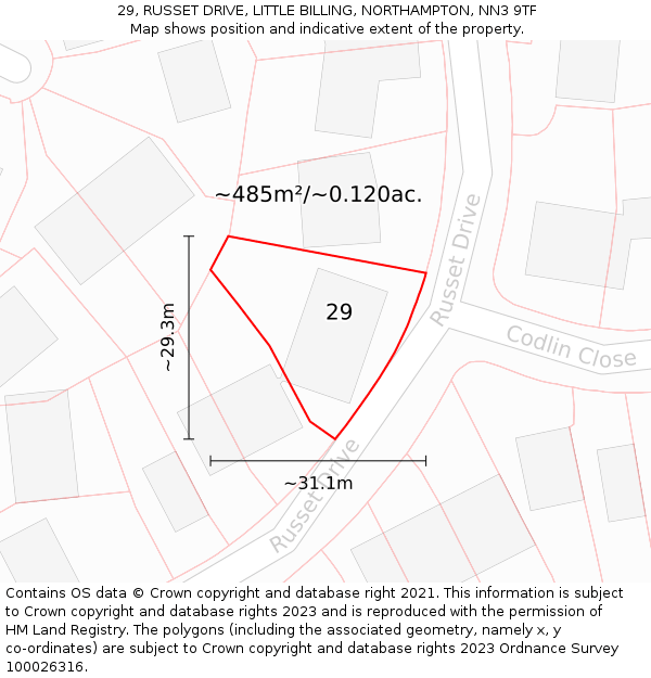 29, RUSSET DRIVE, LITTLE BILLING, NORTHAMPTON, NN3 9TF: Plot and title map