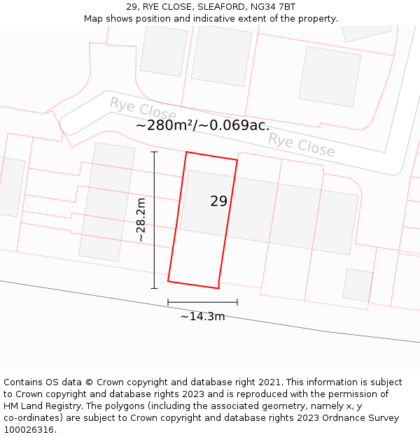 29, RYE CLOSE, SLEAFORD, NG34 7BT: Plot and title map