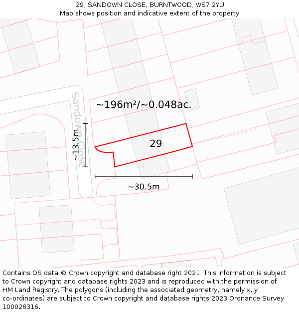 29, SANDOWN CLOSE, BURNTWOOD, WS7 2YU: Plot and title map
