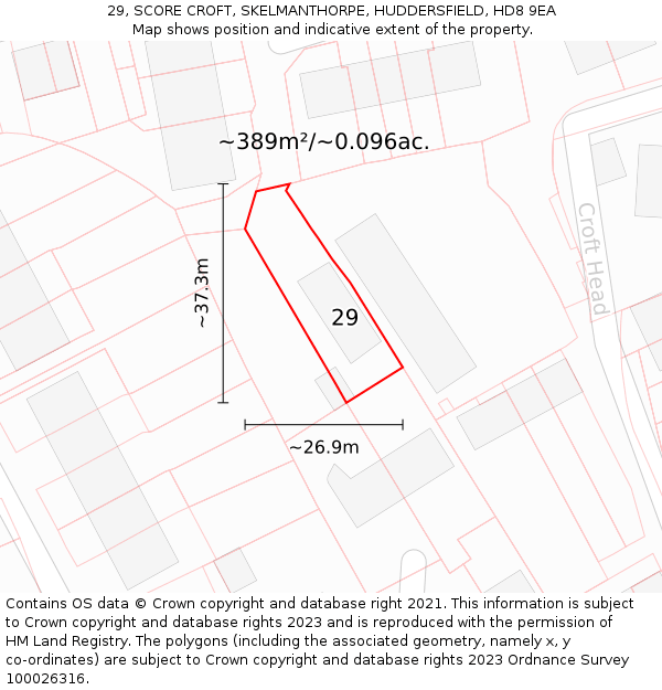 29, SCORE CROFT, SKELMANTHORPE, HUDDERSFIELD, HD8 9EA: Plot and title map