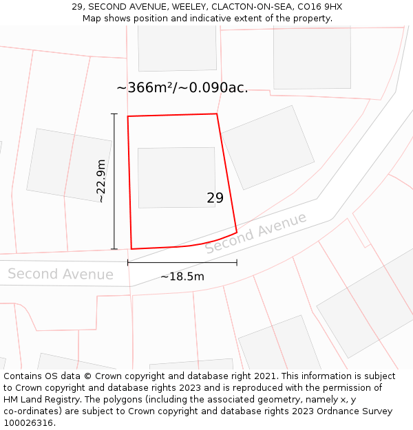 29, SECOND AVENUE, WEELEY, CLACTON-ON-SEA, CO16 9HX: Plot and title map