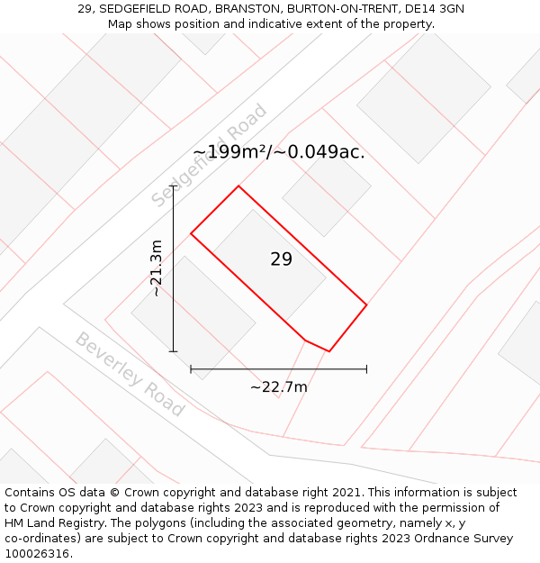 29, SEDGEFIELD ROAD, BRANSTON, BURTON-ON-TRENT, DE14 3GN: Plot and title map