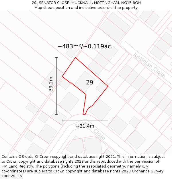 29, SENATOR CLOSE, HUCKNALL, NOTTINGHAM, NG15 8GH: Plot and title map