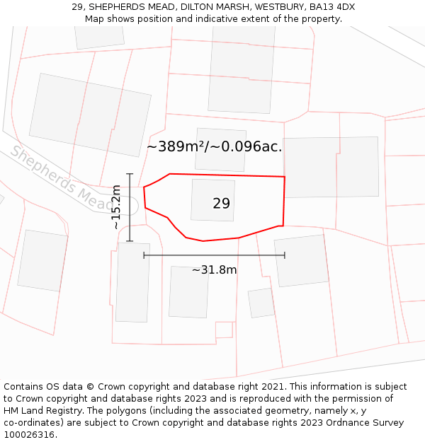 29, SHEPHERDS MEAD, DILTON MARSH, WESTBURY, BA13 4DX: Plot and title map
