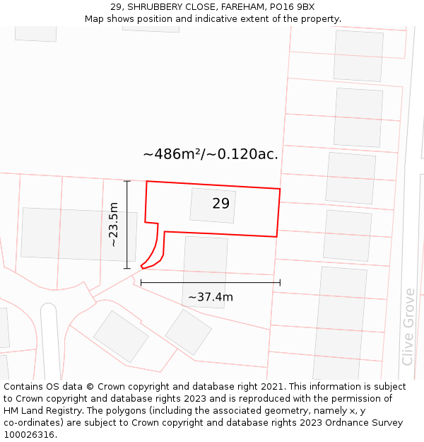 29, SHRUBBERY CLOSE, FAREHAM, PO16 9BX: Plot and title map