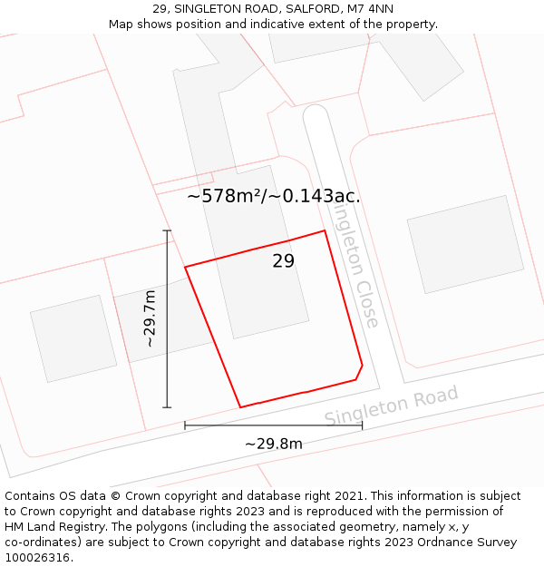 29, SINGLETON ROAD, SALFORD, M7 4NN: Plot and title map