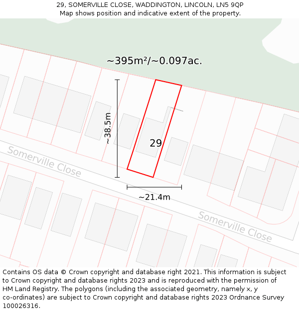 29, SOMERVILLE CLOSE, WADDINGTON, LINCOLN, LN5 9QP: Plot and title map