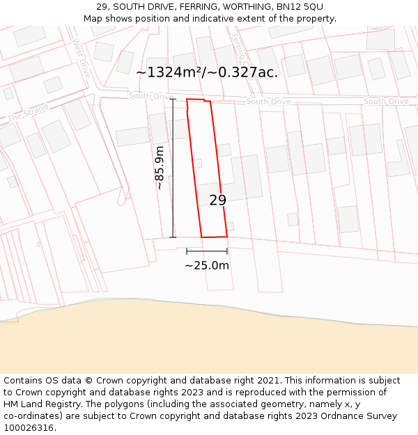 29, SOUTH DRIVE, FERRING, WORTHING, BN12 5QU: Plot and title map