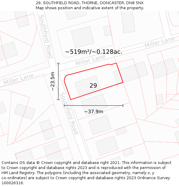 29, SOUTHFIELD ROAD, THORNE, DONCASTER, DN8 5NX: Plot and title map