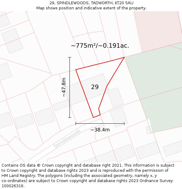 29, SPINDLEWOODS, TADWORTH, KT20 5AU: Plot and title map