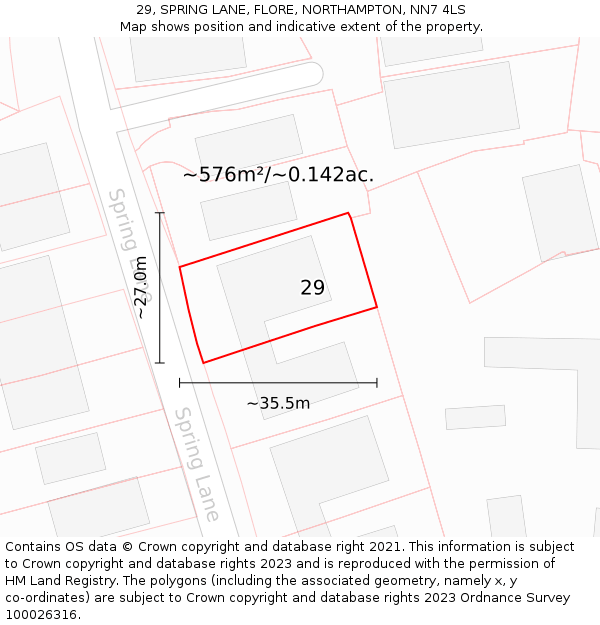 29, SPRING LANE, FLORE, NORTHAMPTON, NN7 4LS: Plot and title map
