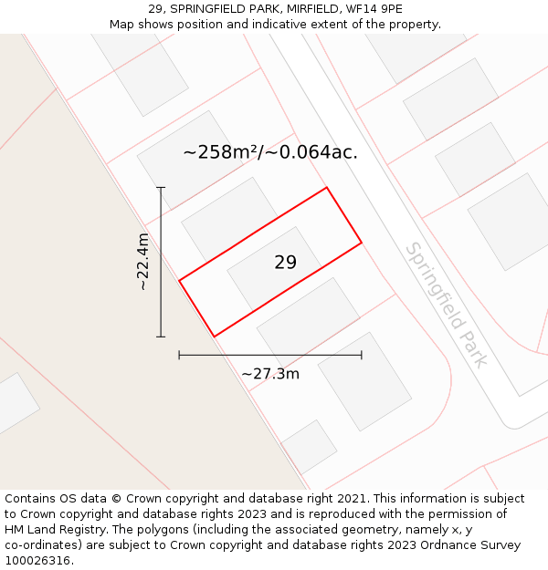 29, SPRINGFIELD PARK, MIRFIELD, WF14 9PE: Plot and title map