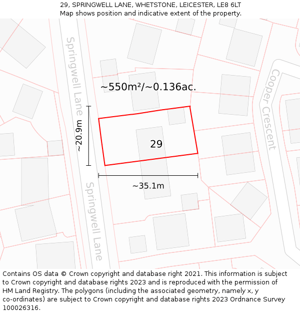 29, SPRINGWELL LANE, WHETSTONE, LEICESTER, LE8 6LT: Plot and title map