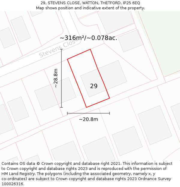 29, STEVENS CLOSE, WATTON, THETFORD, IP25 6EQ: Plot and title map