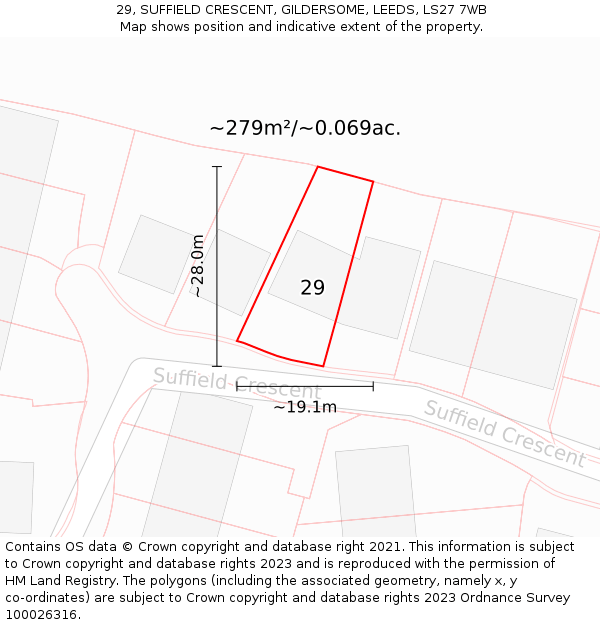 29, SUFFIELD CRESCENT, GILDERSOME, LEEDS, LS27 7WB: Plot and title map