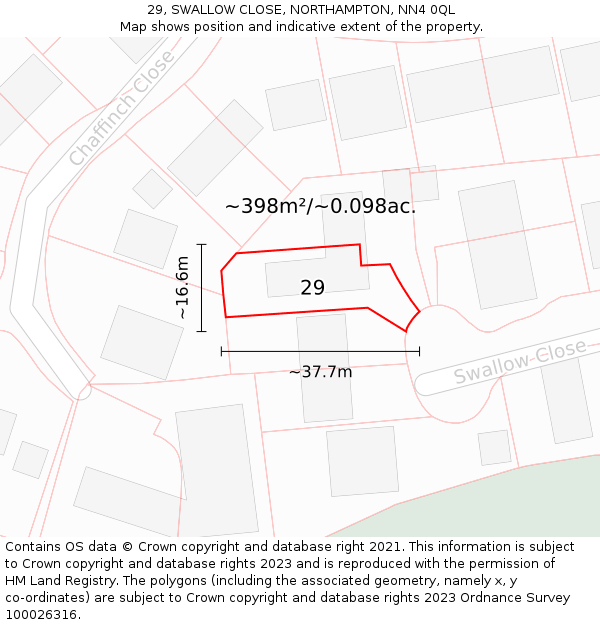 29, SWALLOW CLOSE, NORTHAMPTON, NN4 0QL: Plot and title map