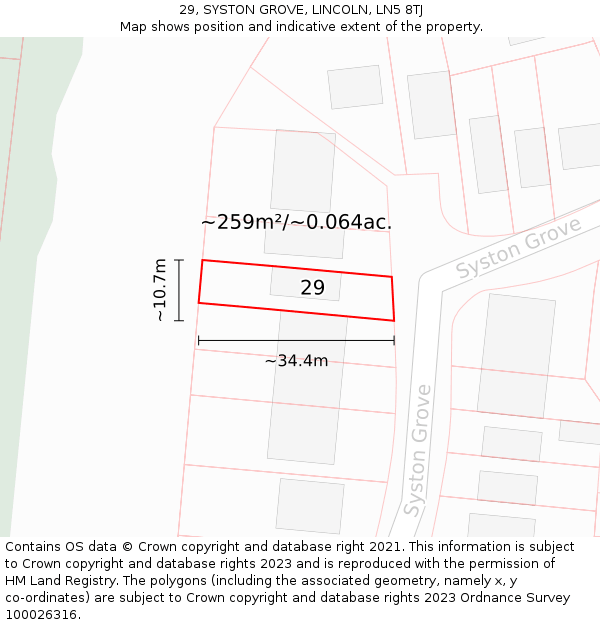 29, SYSTON GROVE, LINCOLN, LN5 8TJ: Plot and title map