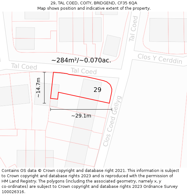 29, TAL COED, COITY, BRIDGEND, CF35 6QA: Plot and title map