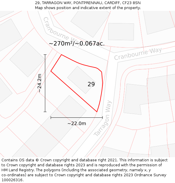 29, TARRAGON WAY, PONTPRENNAU, CARDIFF, CF23 8SN: Plot and title map