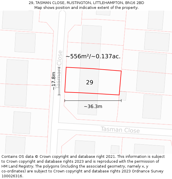 29, TASMAN CLOSE, RUSTINGTON, LITTLEHAMPTON, BN16 2BD: Plot and title map