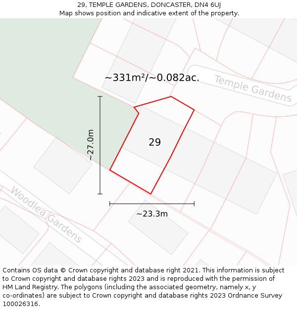 29, TEMPLE GARDENS, DONCASTER, DN4 6UJ: Plot and title map