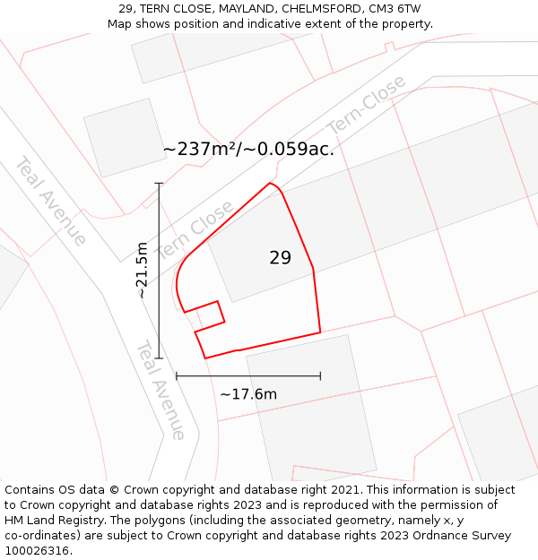 29, TERN CLOSE, MAYLAND, CHELMSFORD, CM3 6TW: Plot and title map