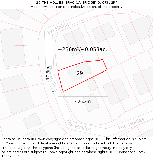 29, THE HOLLIES, BRACKLA, BRIDGEND, CF31 2PP: Plot and title map