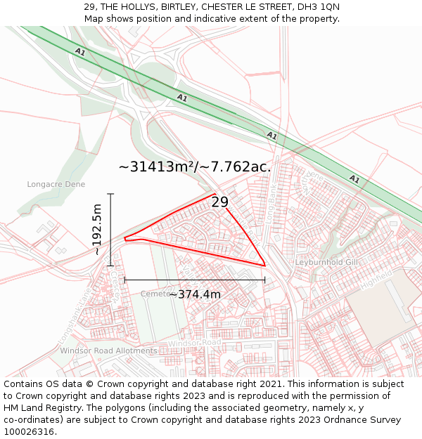 29, THE HOLLYS, BIRTLEY, CHESTER LE STREET, DH3 1QN: Plot and title map