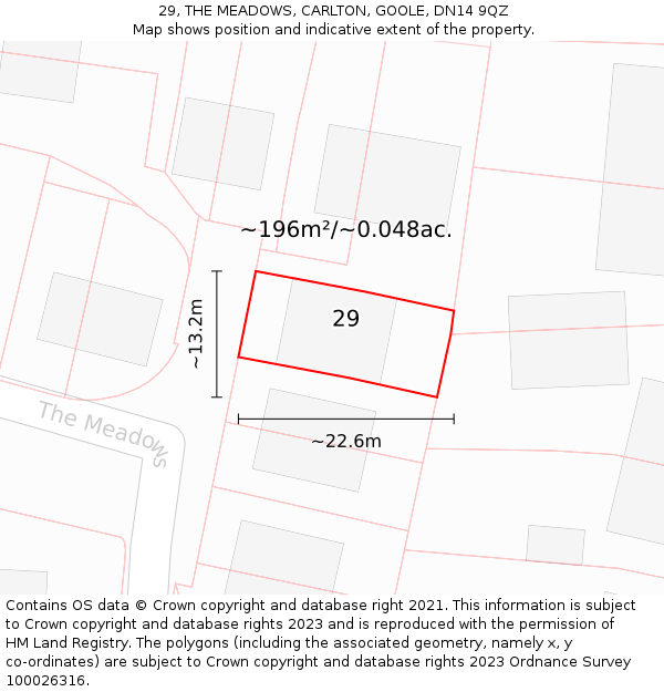 29, THE MEADOWS, CARLTON, GOOLE, DN14 9QZ: Plot and title map