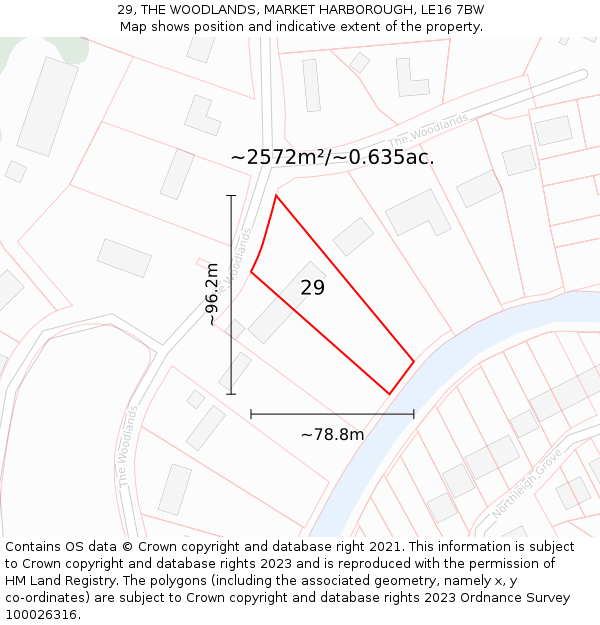29, THE WOODLANDS, MARKET HARBOROUGH, LE16 7BW: Plot and title map