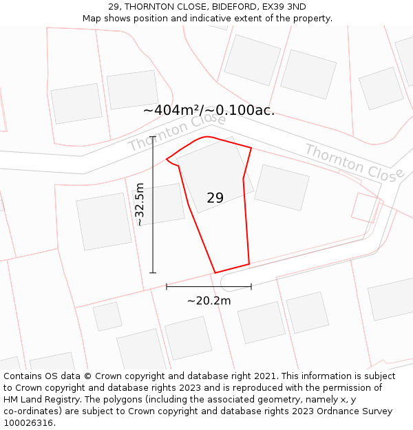 29, THORNTON CLOSE, BIDEFORD, EX39 3ND: Plot and title map