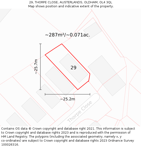 29, THORPE CLOSE, AUSTERLANDS, OLDHAM, OL4 3QL: Plot and title map