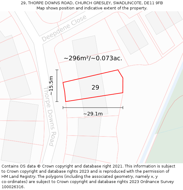 29, THORPE DOWNS ROAD, CHURCH GRESLEY, SWADLINCOTE, DE11 9FB: Plot and title map