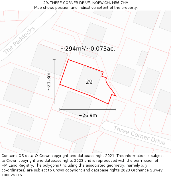 29, THREE CORNER DRIVE, NORWICH, NR6 7HA: Plot and title map